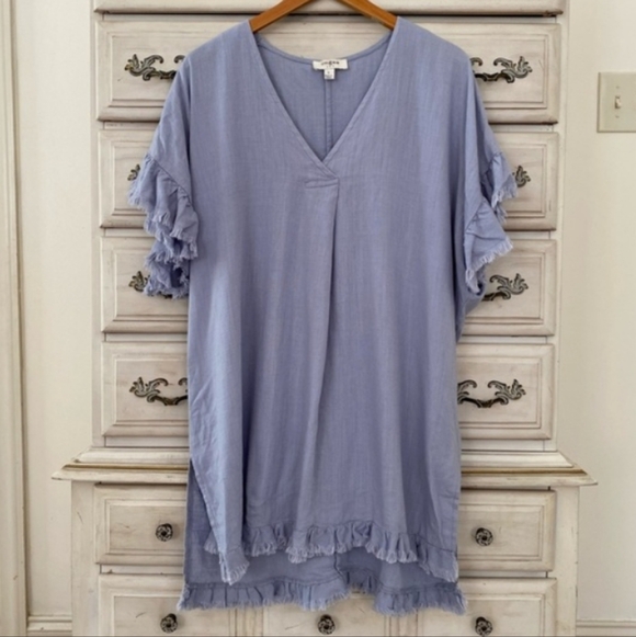 Umgee Tops - Umgee Light Blue Ruffle Sleeve Tunic Top Frayed Hem Linen Blend Size Small